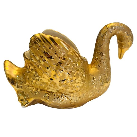 Gold Swan Planter Spring MCM 22 K Textured Ceramic 8" Vase Candy Dish Regency - Picture 3 of 12